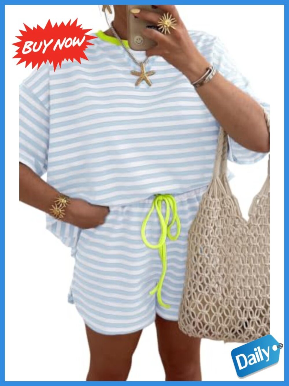 Womens Striped 2 Piece Short Set Crew Neck Top Matching Shorts Cotton Blend
